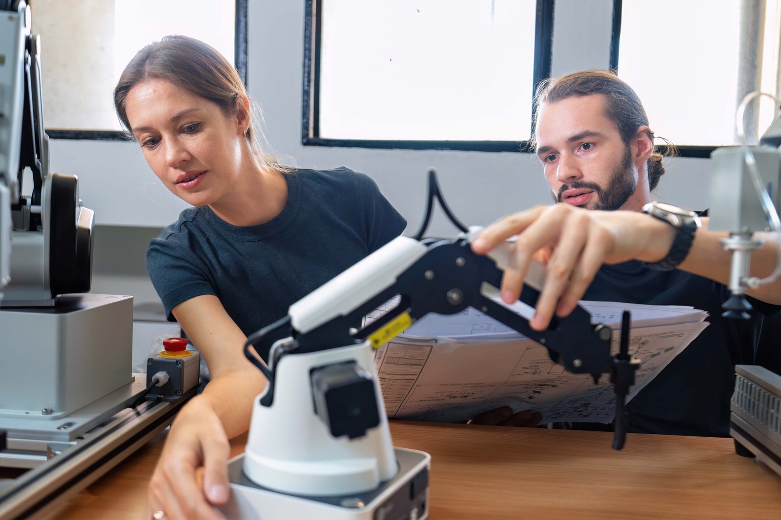 An engineer in research development robotic factory checking prototype of automation robot arm