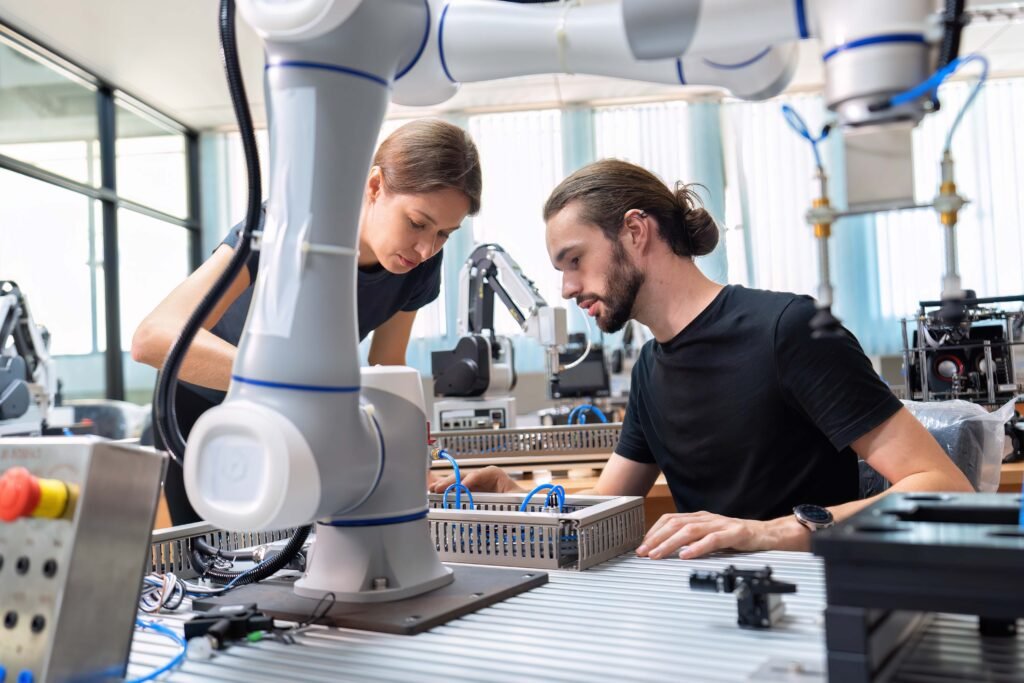 An engineer in research development robotic factory checking prototype of automation robot arm